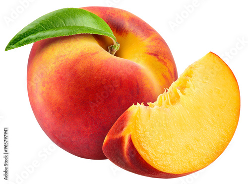 Peach isolated png. Peach with a slice on transparent background. PNG format. Peaches with leaf no background. Full depth of field.