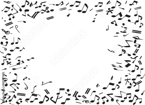 Musical Notes Border Background: Black and White Vector Illustration of Music Symbols Frame for Concert Posters and Creative Designs