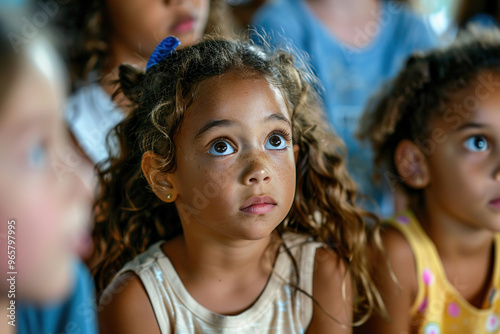 Children gathered around teacher at school for storytime, wide eyes, listening intently to first day’s tale