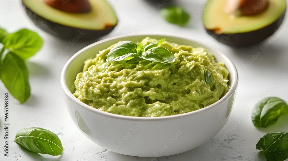 Guacamole in white ceramic bowl, sliced avocado halves, fresh basil leaves, creamy texture, healthy Mexican dip, minimalist food styling, soft natural lighting. Guacamole in white ceramic bowl, sliced avocado halves, fresh basil leaves, creamy texture, healthy Mexican dip, minimalist food styling, soft natural lighting.