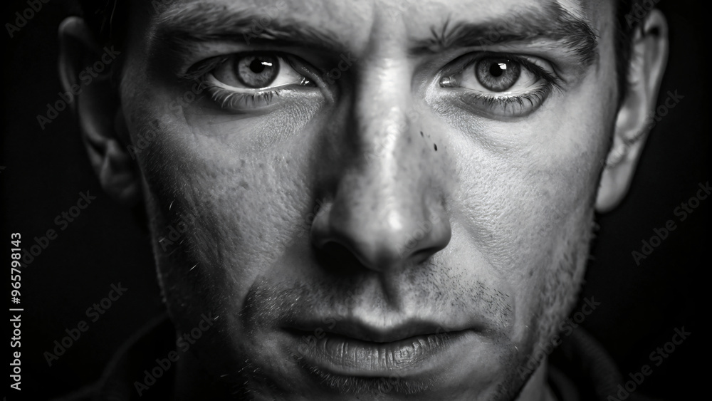 Close-up portrait of a handsome man with dark hair and a serious expression, looking directly at the camera Close-up portrait of a handsome man with dark hair and a serious expression, looking directly at the camera