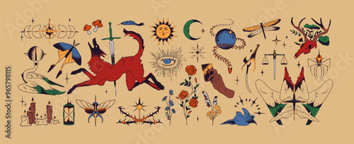Colored celestial tattoos set. Stylized mystic elements: magic eye, occult moon, sun. Abstract flowers, birds, skull, gothic astrology in sketch style. Hand drawn isolated vector illustrations