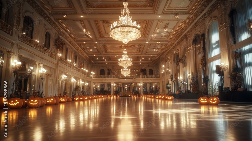 Fototapeta premium A grand hotel ballroom decorated with glowing jack-o-lanterns
