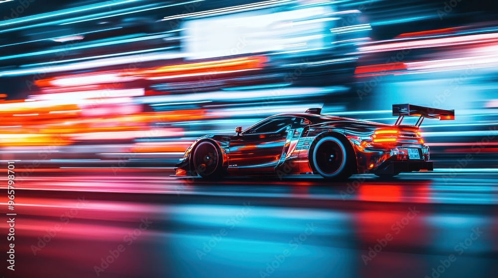 Fast racing car driving on high speed along the street with blurred lights in neon. Evening race. Concept of motor sport, racing, competition Fast racing car driving on high speed along the street with blurred lights in neon. Evening race. Concept of motor sport, racing, competition