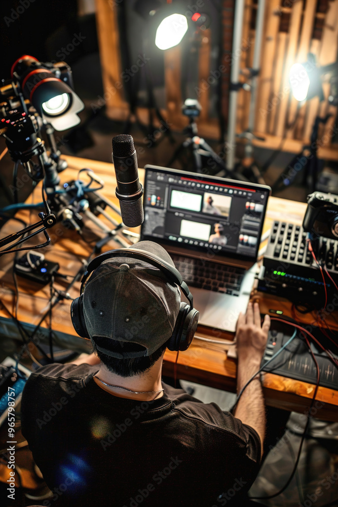 Digital content creator editing video clips on laptop, surrounded by cameras, microphone, and lighting equipment Digital content creator editing video clips on laptop, surrounded by cameras, microphone, and lighting equipment