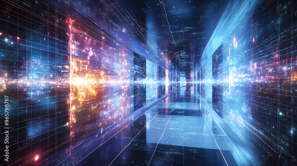 Holographic display projecting multiple realities simultaneously, illustrating the concept of parallel universes and the multiverse theory in quantum physics. Parallel Universe. Illustration Holographic display projecting multiple realities simultaneously, illustrating the concept of parallel universes and the multiverse theory in quantum physics. Parallel Universe. Illustration