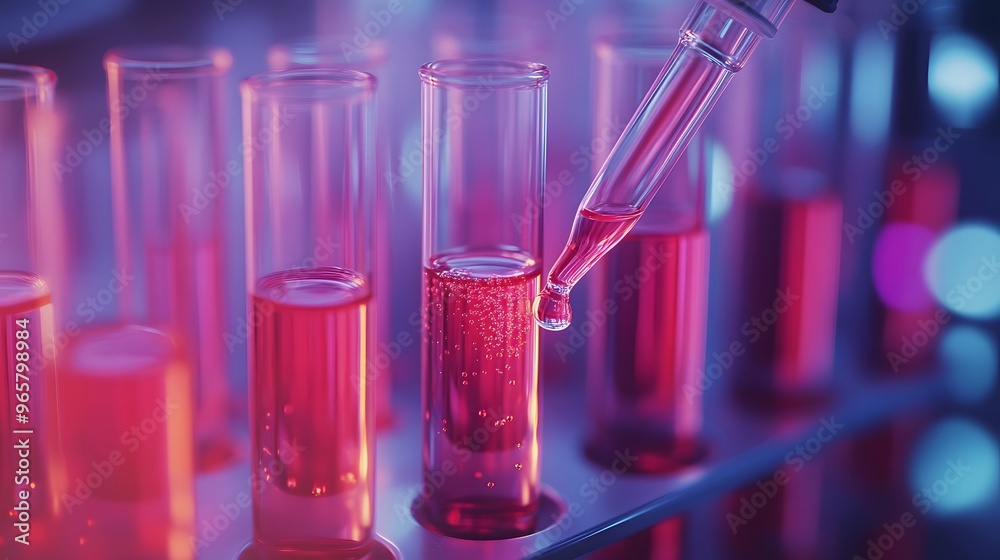 Laboratory test tubes with pale red liquid, pipette adding sample, close-up view, scientific research, medical analysis, chemistry experiment, glass vials in rack. Laboratory test tubes with pale red liquid, pipette adding sample, close-up view, scientific research, medical analysis, chemistry experiment, glass vials in rack.