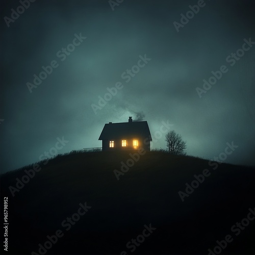 A solitary house with lit windows sits on a hilltop under a cloudy night sky.