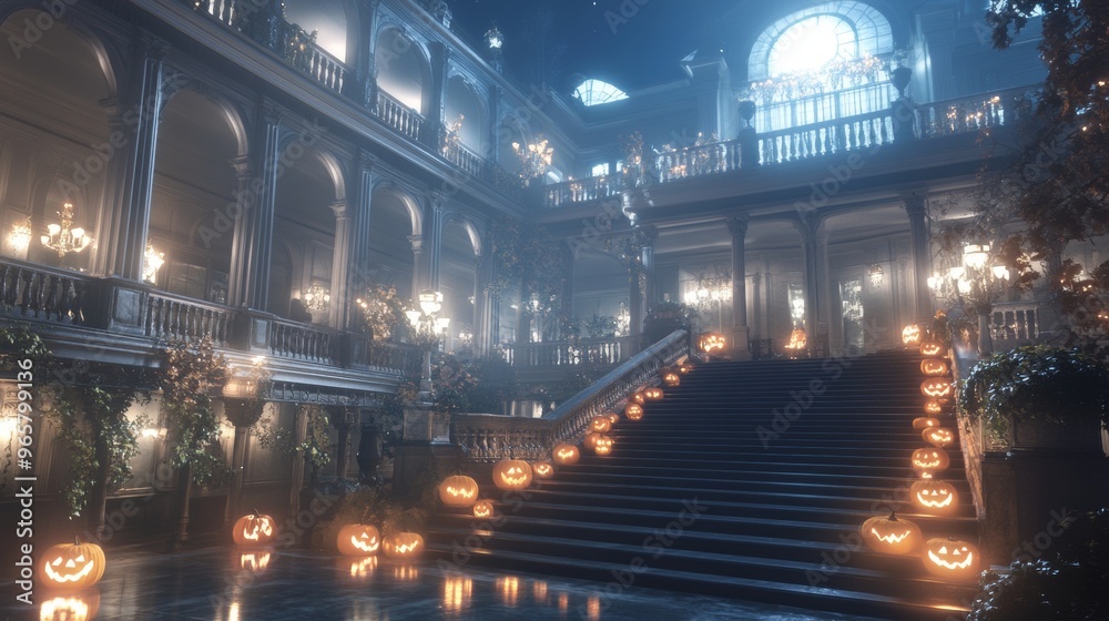 A grand museum with glowing jack-o-lanterns lining the grand staircase A grand museum with glowing jack-o-lanterns lining the grand staircase