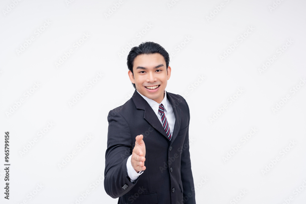 A young asian business executive offering a handshake, coming to an agreement. Isolated on a white background. A young asian business executive offering a handshake, coming to an agreement. Isolated on a white background.