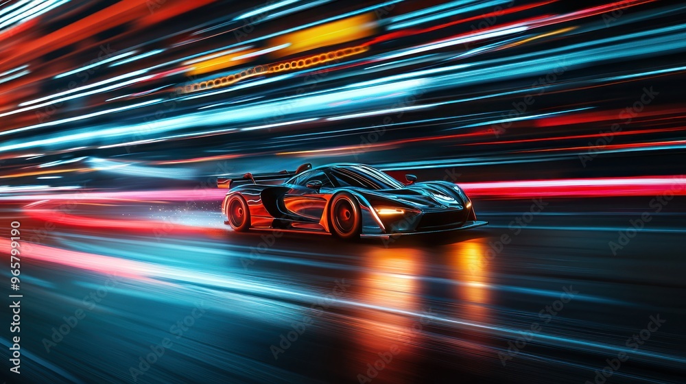 Fast racing car driving on high speed along the street with blurred lights in neon. Evening race. Concept of motor sport, racing, competition Fast racing car driving on high speed along the street with blurred lights in neon. Evening race. Concept of motor sport, racing, competition