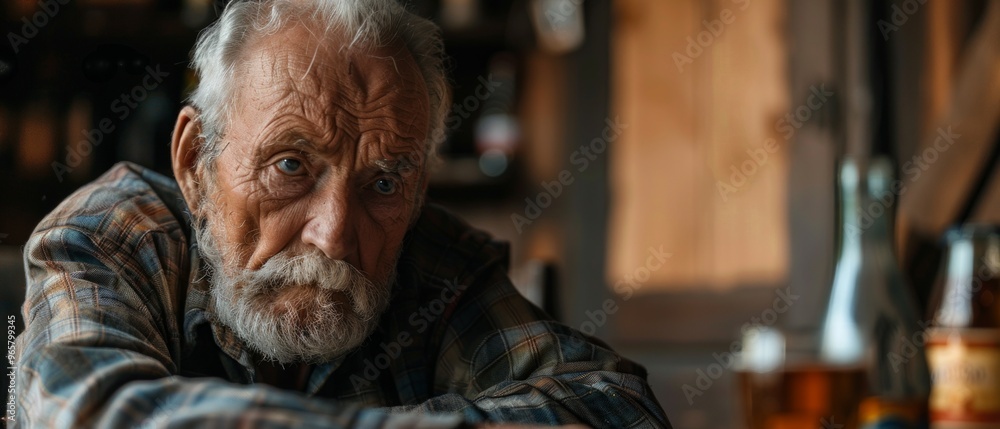 Fototapeta premium Elderly man in checkered shirt, surrounded by bottles, exudes nostalgia and contemplation in a melancholic setting.