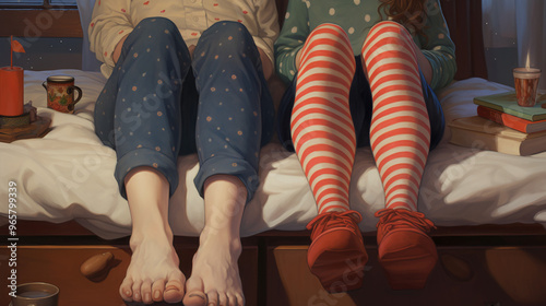  people's legs are shown, sitting on a bed with a cup and some books