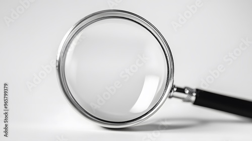 Magnifying glass on pure white background, close-up, high contrast, transparent lens, reflective glass surface, metal handle, optical instrument, search concept, investigation tool.