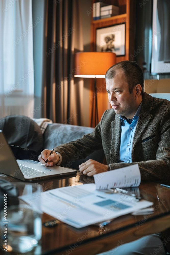 Virtual recruiter conducting interviews via video call, reviewing resumes on laptop, professional background