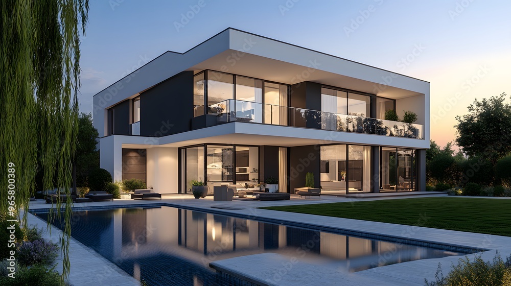 Modern luxury villa at dusk, contemporary architecture, two-story house, large windows, white and dark gray exterior, flat roof, balcony, swimming pool, manicured lawn. Modern luxury villa at dusk, contemporary architecture, two-story house, large windows, white and dark gray exterior, flat roof, balcony, swimming pool, manicured lawn.