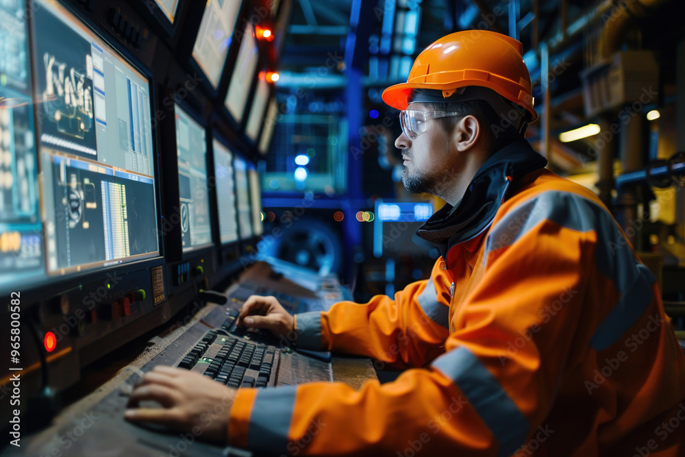 Remote machinery operator controlling industrial equipment from a distance, monitoring performance via computer interface Remote machinery operator controlling industrial equipment from a distance, monitoring performance via computer interface