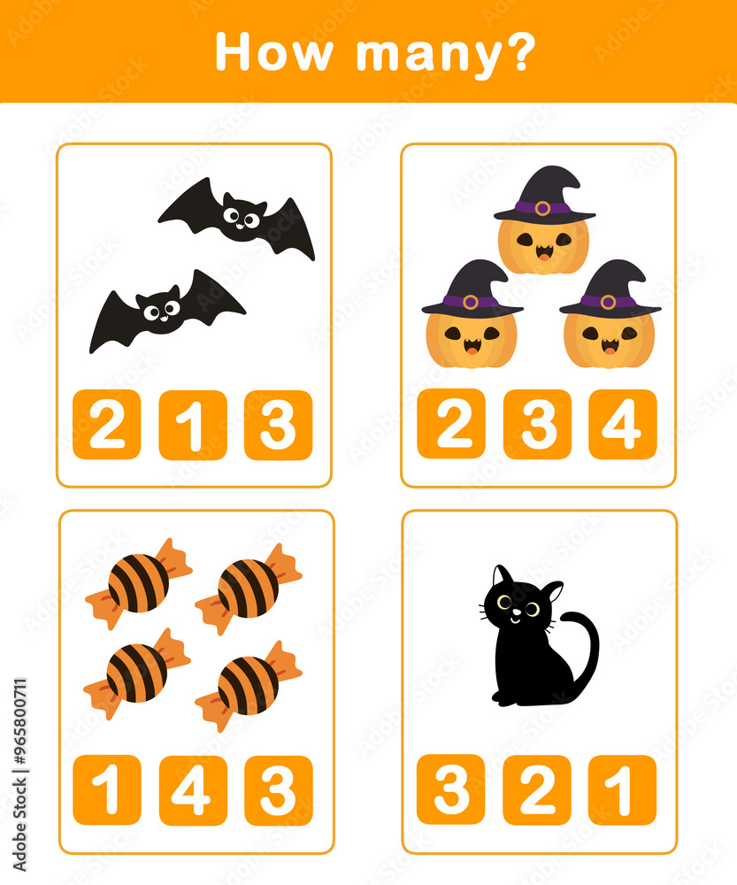 Fototapeta premium Counting educational children game. Math kids activity sheet. How many counting game with cute halloween illustration.