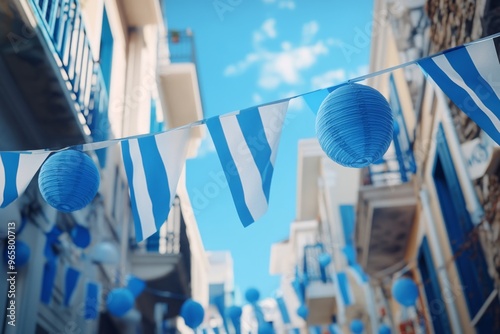 greece's ohi day, a detailed view of a traditional greek flag, waving in the wind, surrounded by blue and white decorations photo