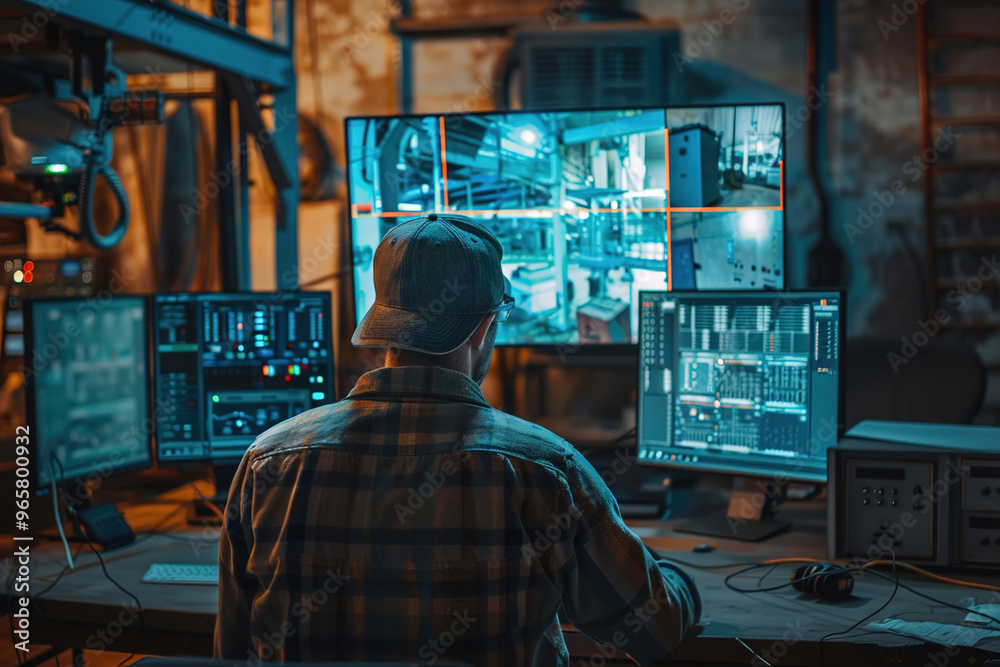 Remote machinery operator controlling industrial equipment from home, monitoring performance via computer interface Remote machinery operator controlling industrial equipment from home, monitoring performance via computer interface