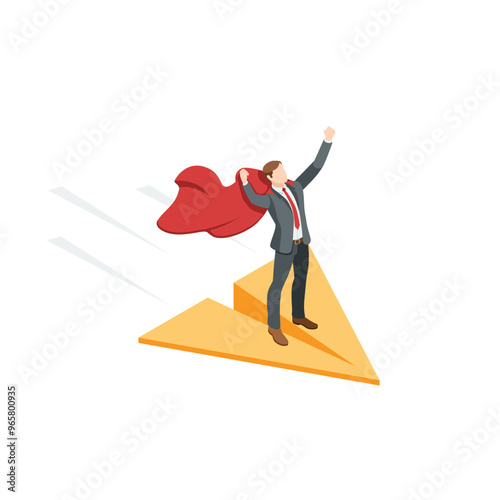 isometric vector business man in superman cape flying on paper airplane, in color on white background, leadership or achieving great success