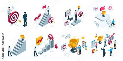 isometric vector set of business people with a trophy rejoice in the victory in the competition, in color on a white background, target with an arrow and chart, victory or success of the whole team