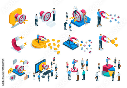 isometric vector set of business people and loudspeaker and magnet, in color on a white background, business or social attraction