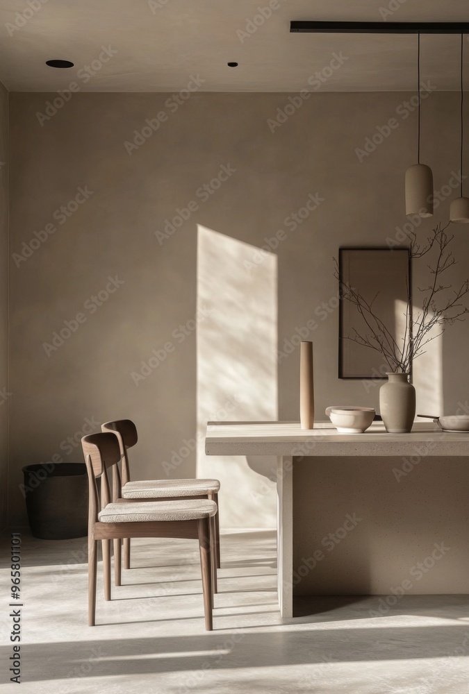 Minimalist dining area with a simple table and chairs, neutral tones, and minimal decor Minimalist dining area with a simple table and chairs, neutral tones, and minimal decor