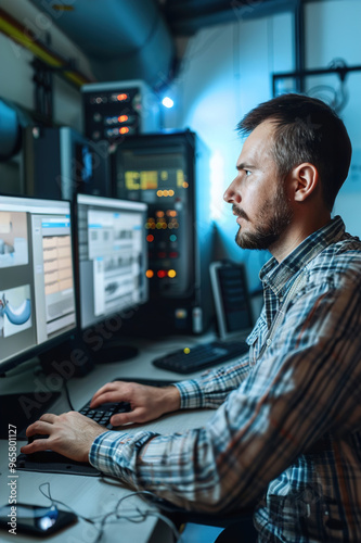 Remote machinery operator controlling industrial equipment from home, monitoring performance via computer interface