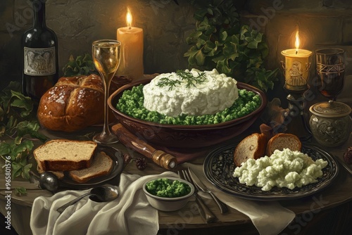 ireland's samhain, a still life of a festive table setting with traditional irish foods, such as colcannon and barmbrack illustration photo