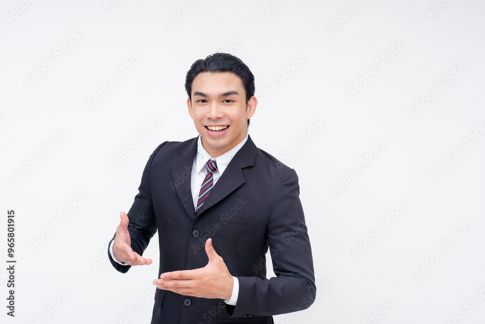 An optimistic and ambitious young asian business executive in a fashionable suit and tie eagerly explaining his proposal. Isolated on a white background. An optimistic and ambitious young asian business executive in a fashionable suit and tie eagerly explaining his proposal. Isolated on a white background.