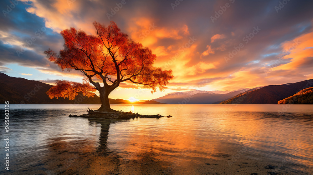 A lone tree with vibrant red leaves in the center of a calm lake A lone tree with vibrant red leaves in the center of a calm lake
