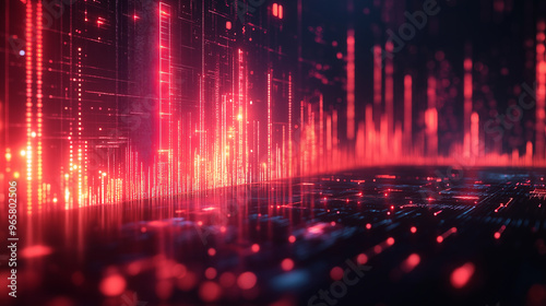 A computer generated image of a cityscape with red and blue lights