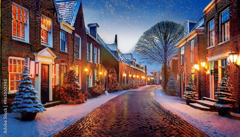 Fototapeta premium A picturesque Dutch village street during Christmas.