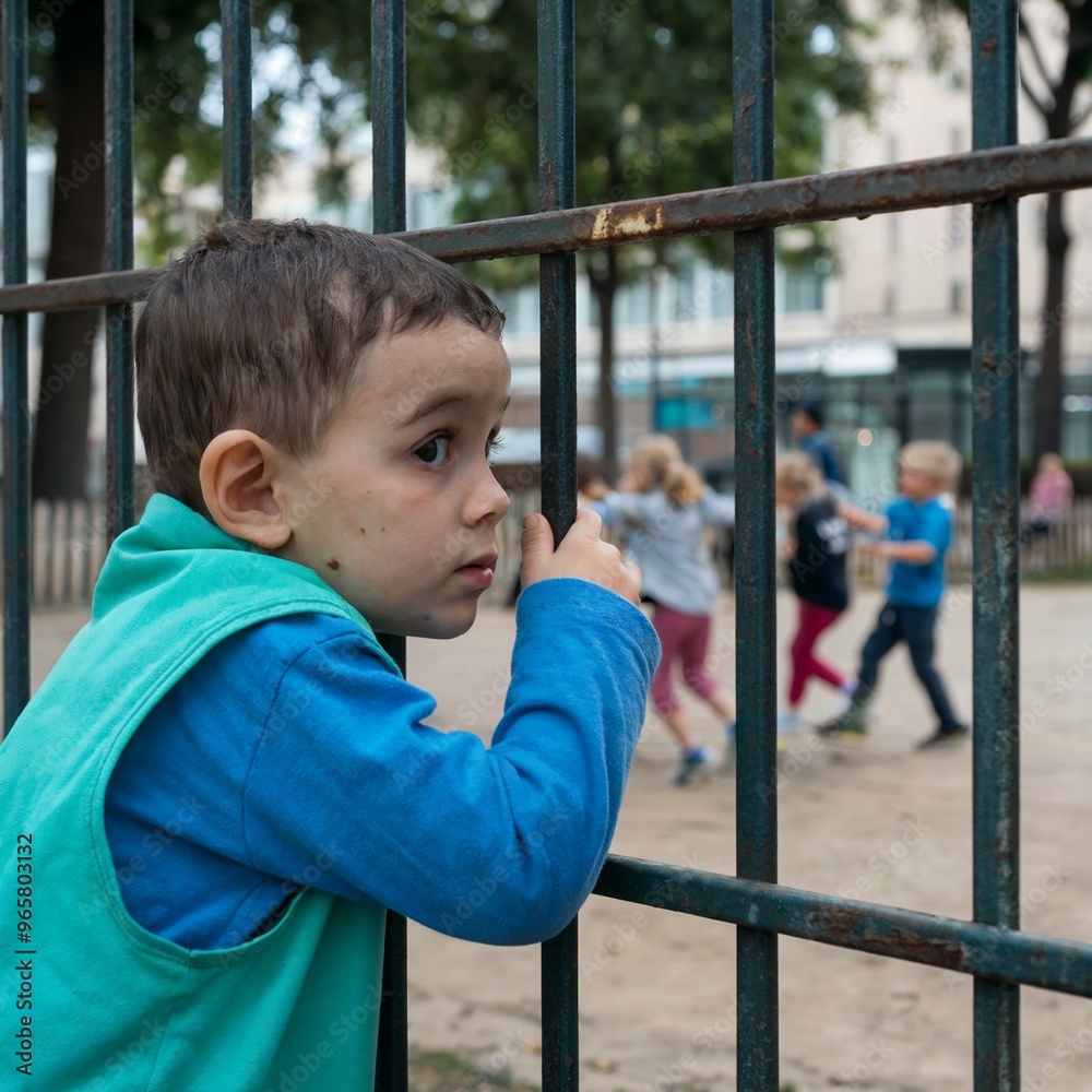 Young Boy Peeking Through the Bars of a Playground Fence Young Boy Peeking Through the Bars of a Playground Fence