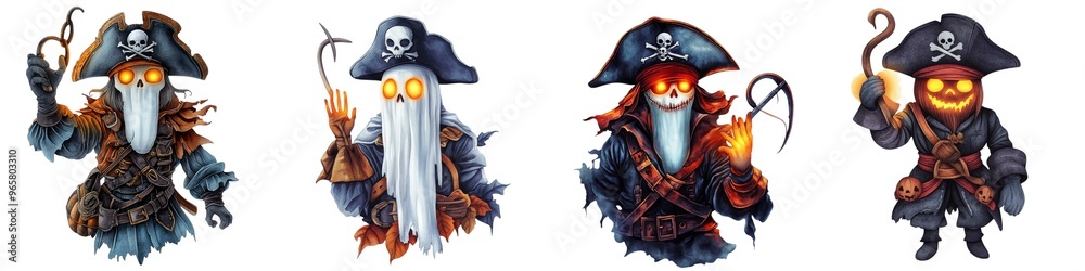 Fototapeta premium A collection of four unique pirate characters featuring ghostly designs and playful expressions, ideal for illustrations and games.
