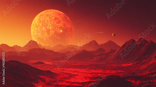 Landscape of unknown red planet surface with craters and mountains with satellites in the sky. fantasy world. created with generative ai. Alien Planet. Illustration