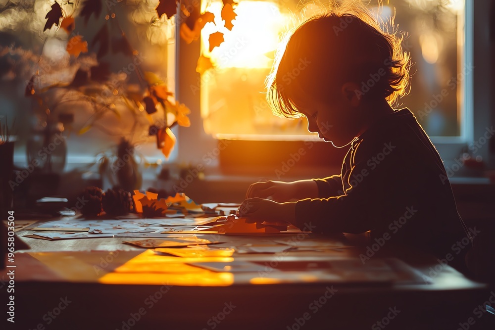 Silhouette of a child crafting at a table during golden hour. Silhouette of a child crafting at a table during golden hour.