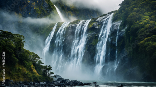 beautiful waterfall cascading into a river with rocks