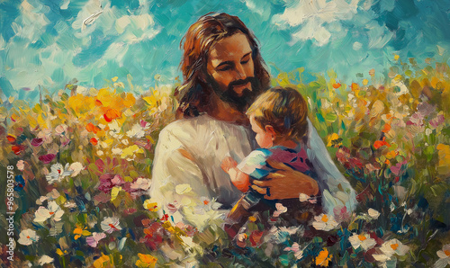 Jesus Christ wearing his white clothes and lovely kid  kid child pray in Easter, Good friday.jesus christ in holy cross on resurrection sunday. Worship jesus, christian, pray