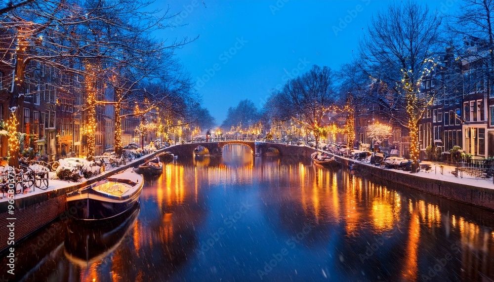 Fototapeta premium A serene view of a snowy canal in Amsterdam at night. 