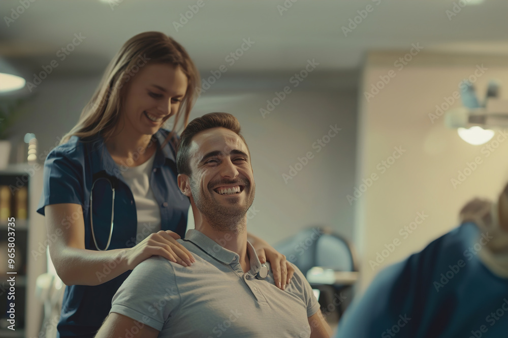 Fototapeta premium Chiropractor adjusting patient’s spine, patient smiling with relief, hands resting calmly on sides