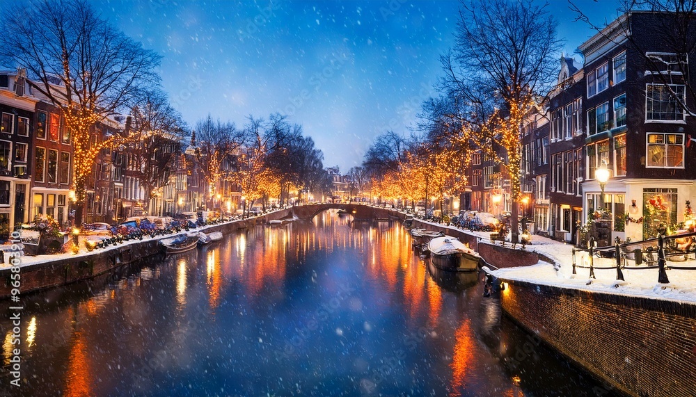 Fototapeta premium A serene view of a snowy canal in Amsterdam at night. 