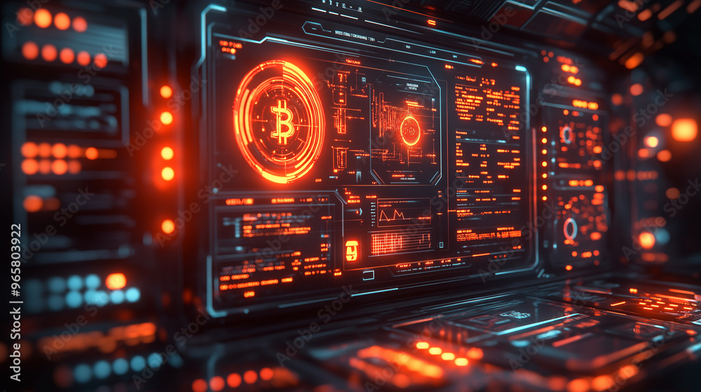 A computer monitor with a glowing red screen displaying a Bitcoin symbol A computer monitor with a glowing red screen displaying a Bitcoin symbol