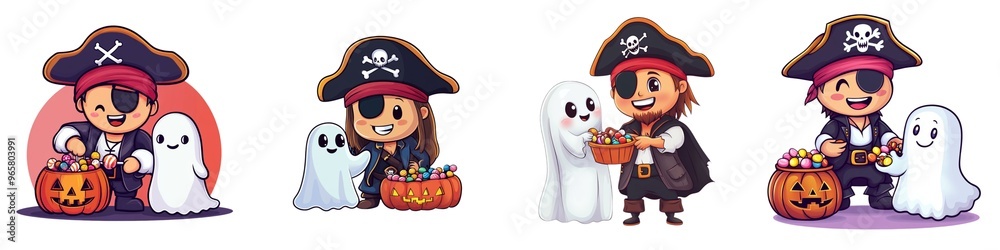 A whimsical Halloween scene featuring playful pirates and friendly ghosts celebrating with pumpkins and candy. A whimsical Halloween scene featuring playful pirates and friendly ghosts celebrating with pumpkins and candy.