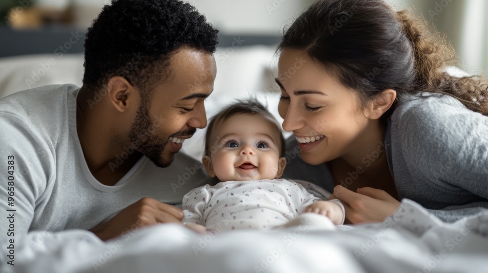 A tender moment captured with mixed-race parents and their baby lying on a bed, all smiling with warmth and love. A tender moment captured with mixed-race parents and their baby lying on a bed, all smiling with warmth and love.