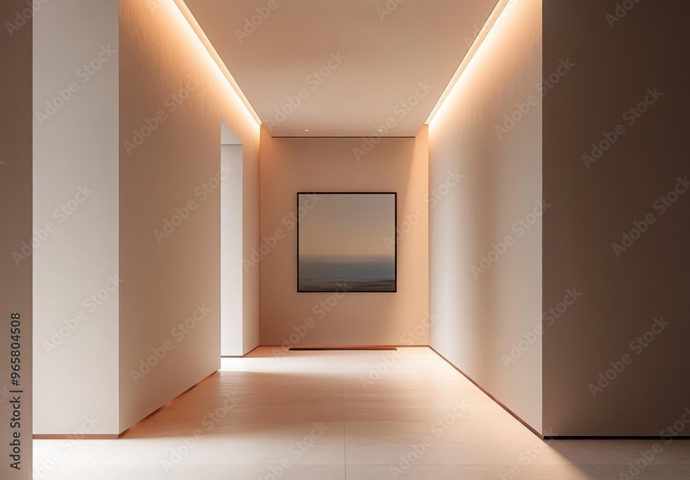 Minimalist hallway with clean walls, a single piece of artwork, and subtle lighting Minimalist hallway with clean walls, a single piece of artwork, and subtle lighting