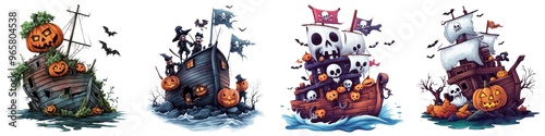 Colorful Halloween-themed pirate ships featuring pumpkins, bats, and spooky characters on a haunted sea.