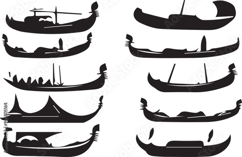 Silhouette Gondola Boat Vector Art: Venetian Canal Boats Illustration, Traditional Watercraft Graphics, Black and White Gondola Clipart Collection