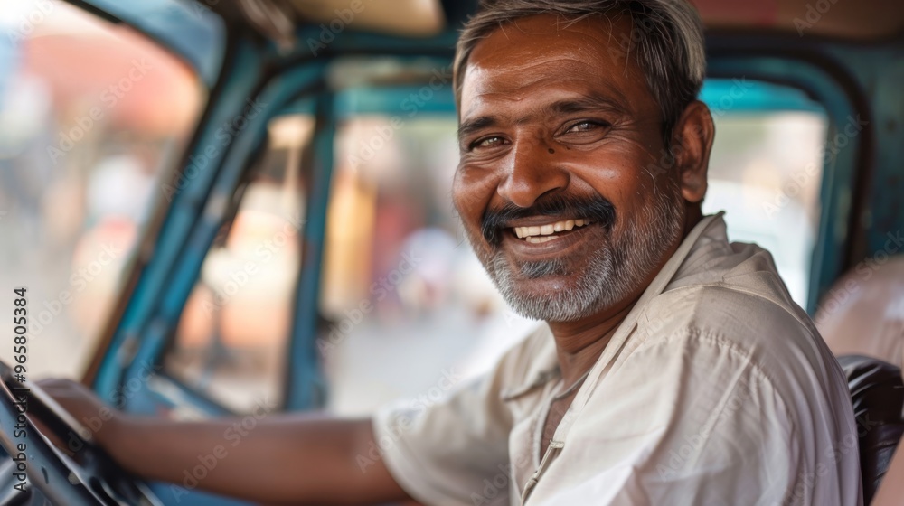 Smiling Indian man sitting in the driver's seat of a car Smiling Indian man sitting in the driver's seat of a car